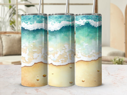Three tumblers with ocean waves crashing on a sandy beach.