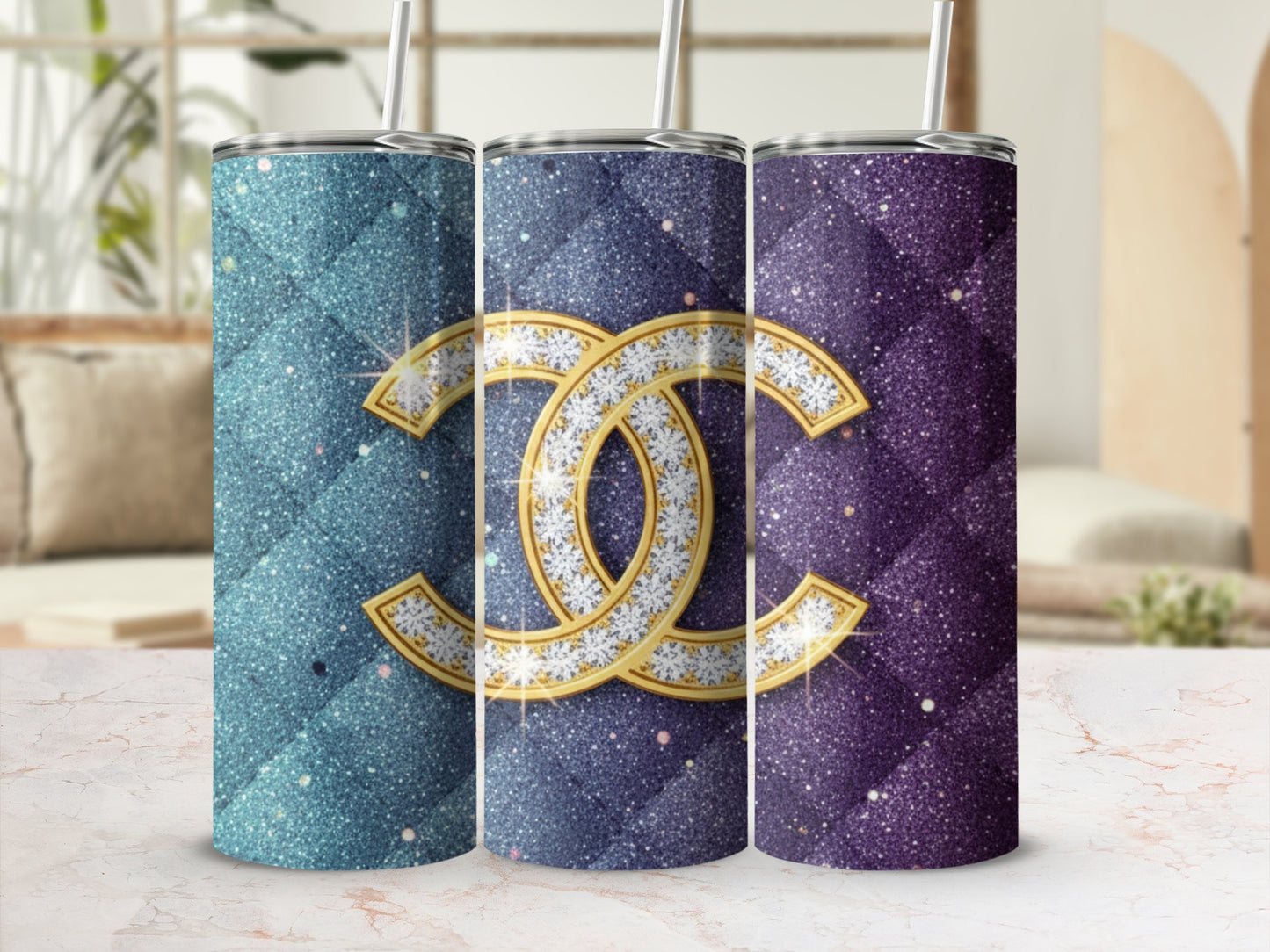 Glittery Double C Logo Tumblers with Geometric Pattern