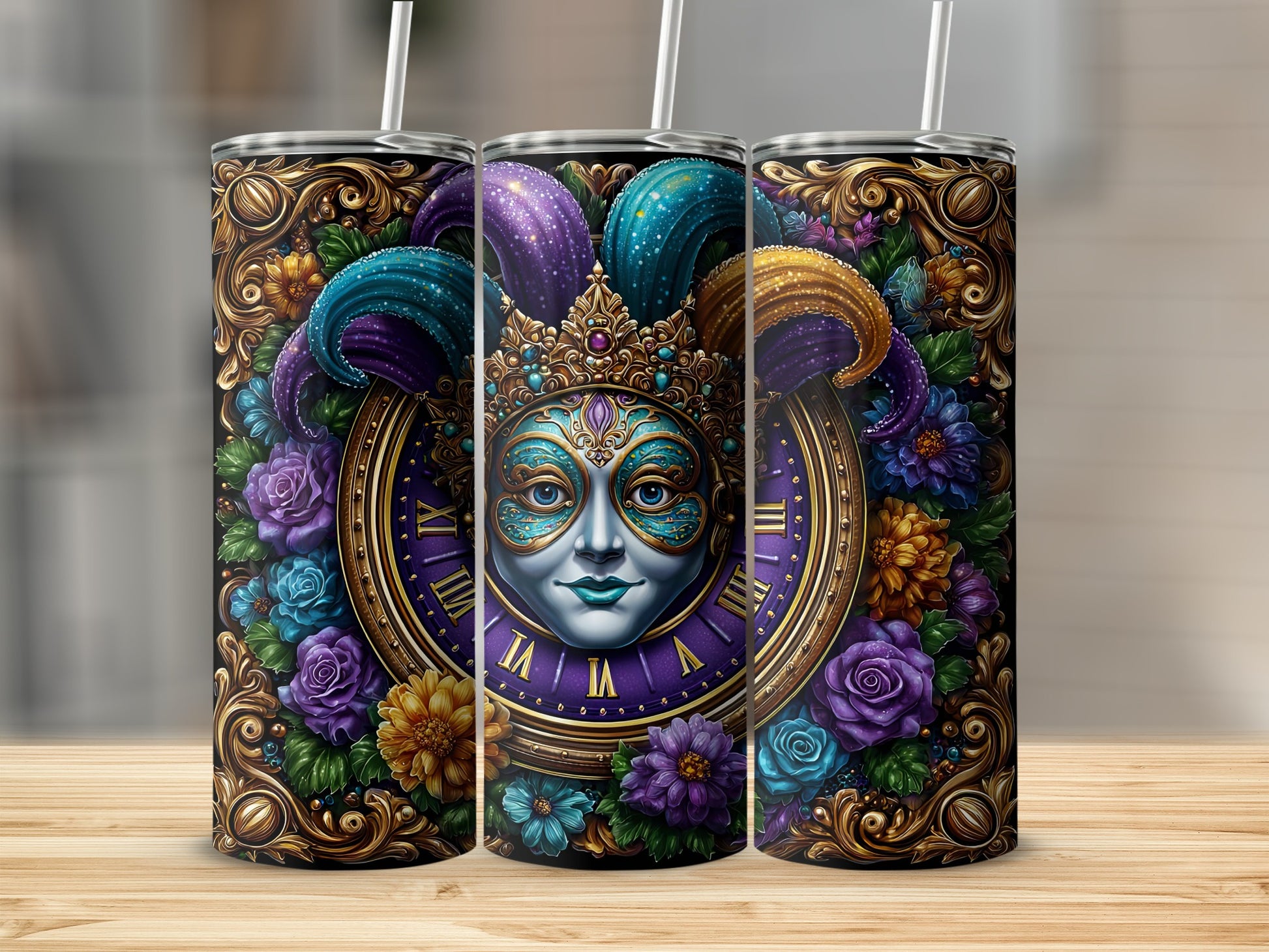 Carnival Mask with Clock Design Tumbler Product