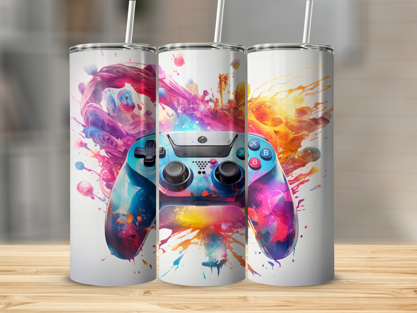 Gaming controller with colorful abstract paint splatters.