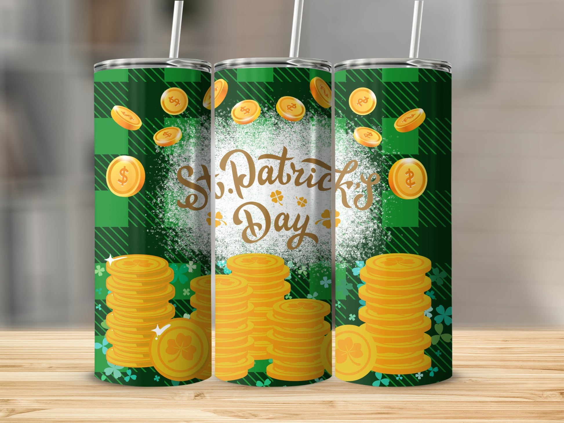 Green plaid tumbler with "St. Patrick's Day" text and gold coins.
