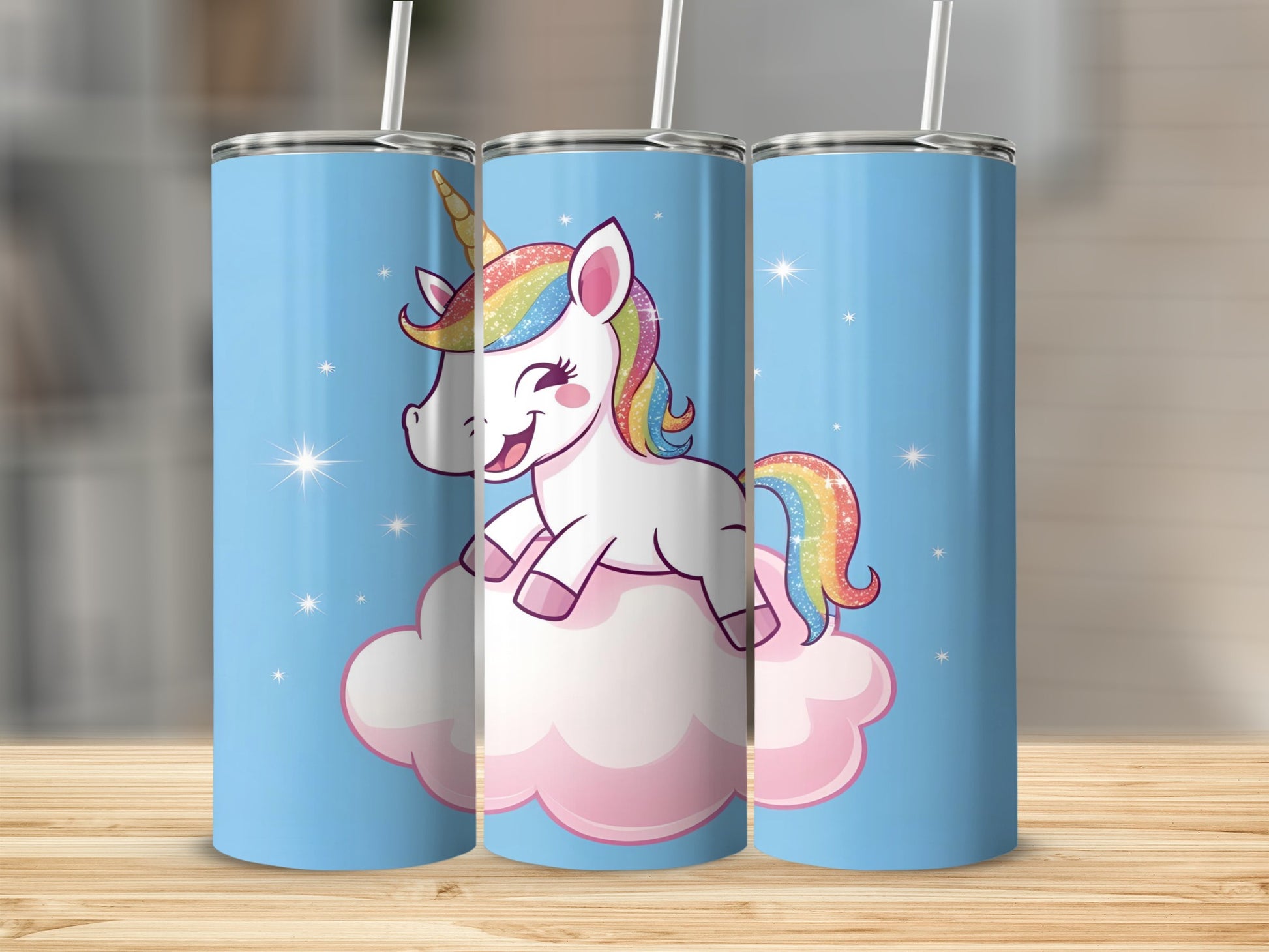 Cartoon unicorn with rainbow mane and tail sitting on a cloud.