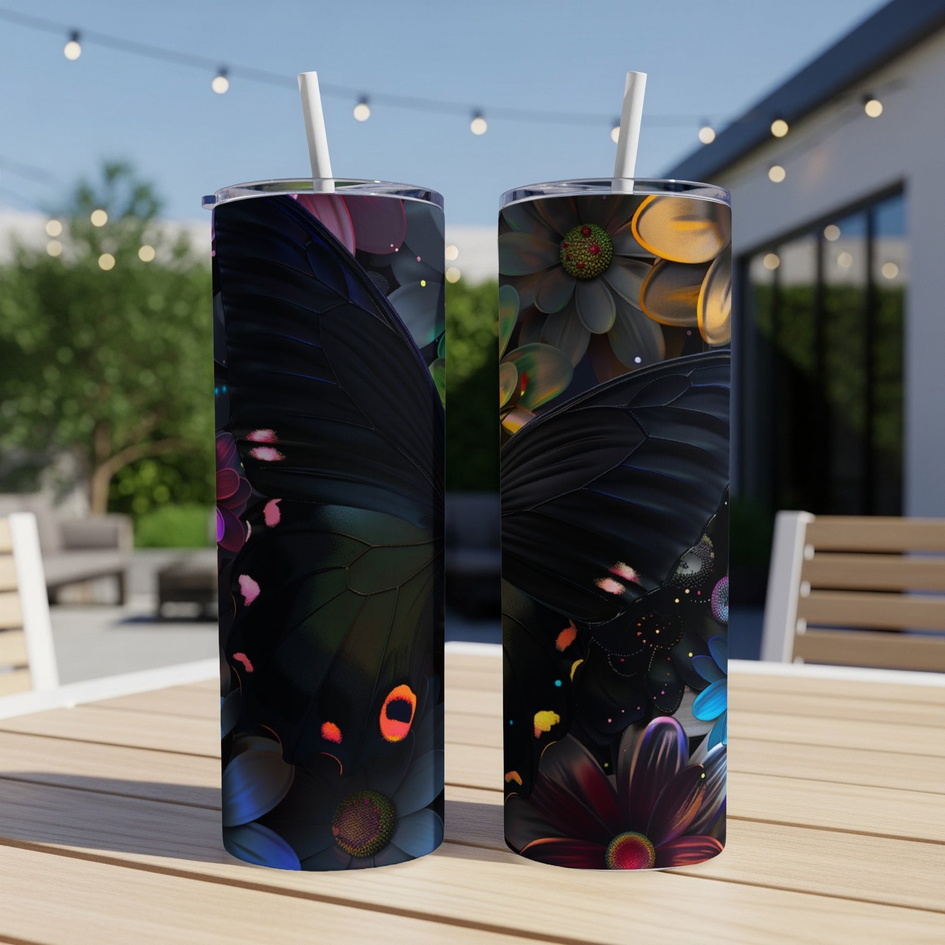 Two black tumblers with butterfly and floral designs on a wooden table.