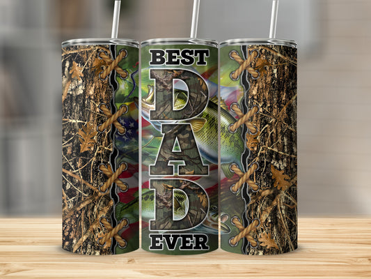 Tumbler with "BEST DAD EVER" text and fishing imagery.