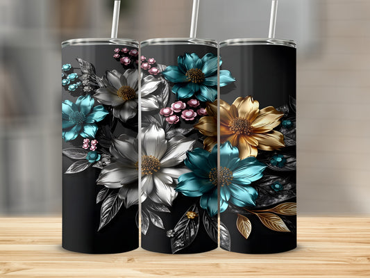 Three tumblers with floral designs on a wooden surface.