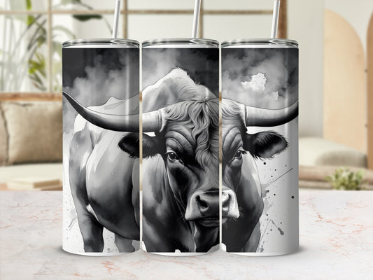 Black and white watercolor painting of a bull on a tumbler.