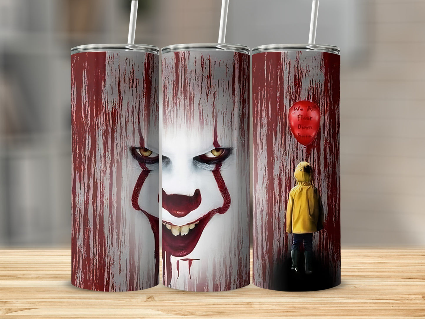 Three tumblers feature Pennywise the clown and Georgie Denbrough from IT.