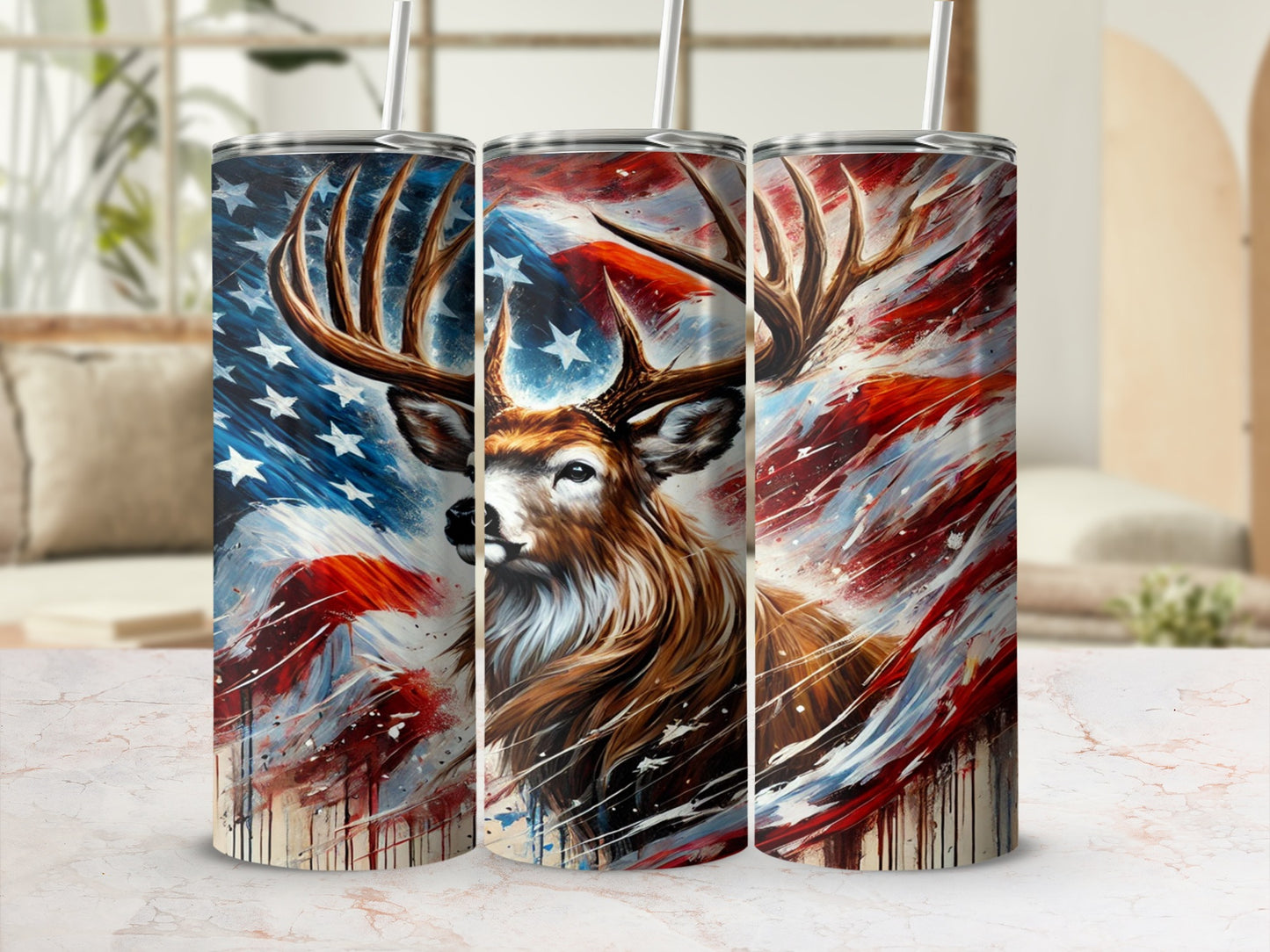 Patriotic Deer and Flag Design Travel Mug