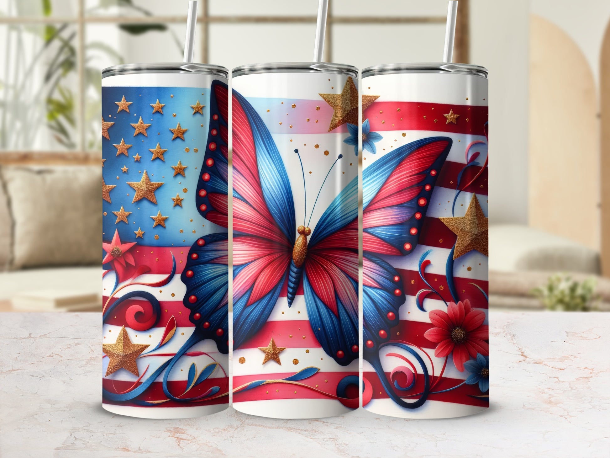 Stars and stripes tumbler with patriotic butterfly and floral design.