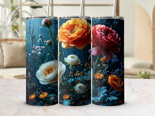 Three tall tumblers with floral designs of roses and other flowers on a marble surface.