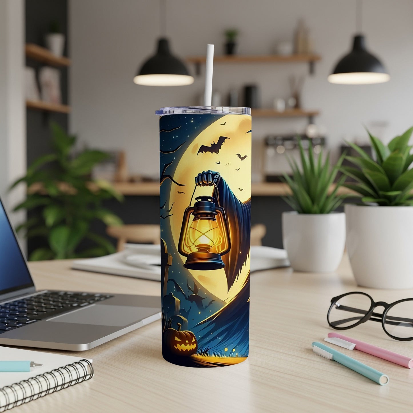 Halloween tumbler with a grim reaper holding a lantern under a full moon.
