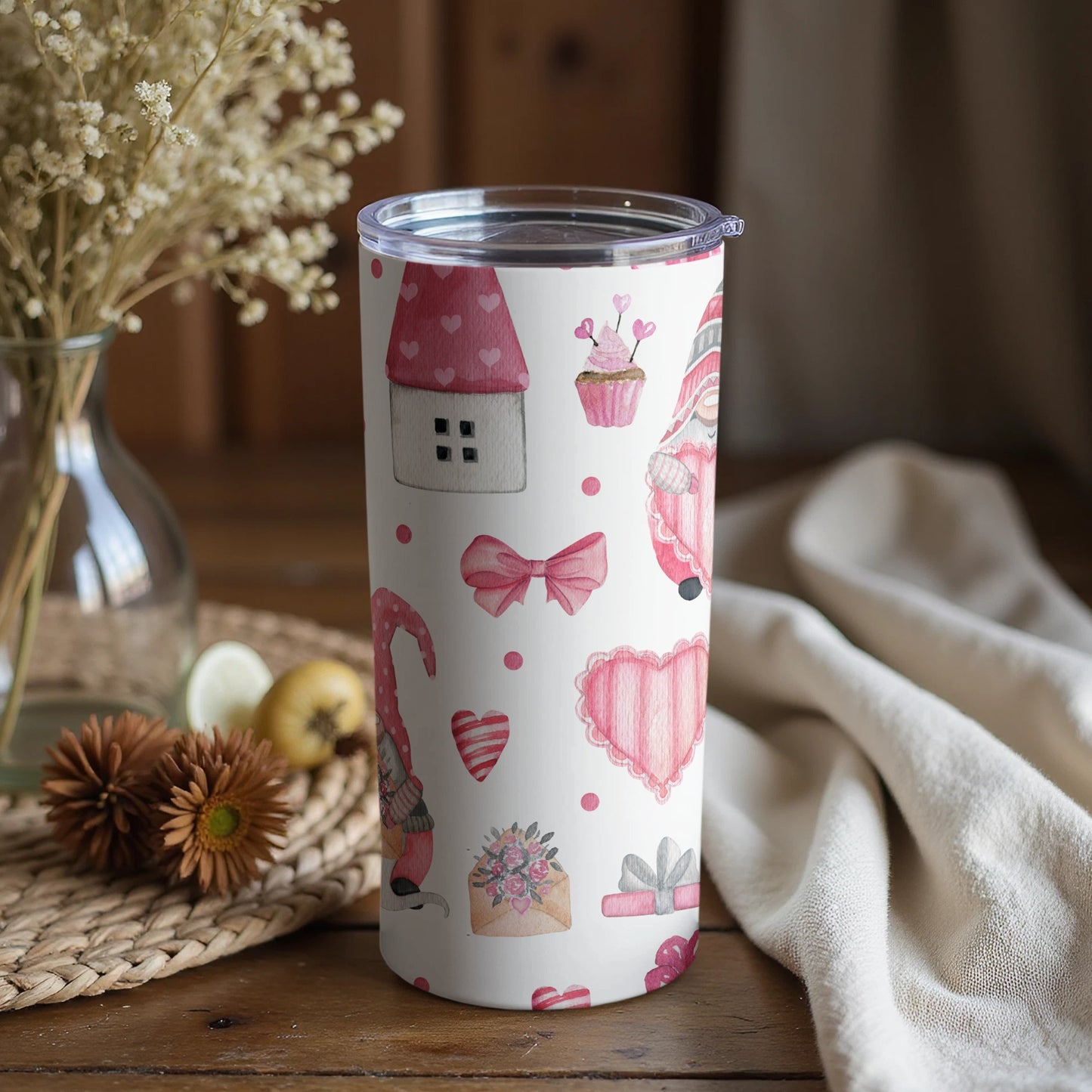 Cute Pink Gnomes and Hearts Themed Tumbler