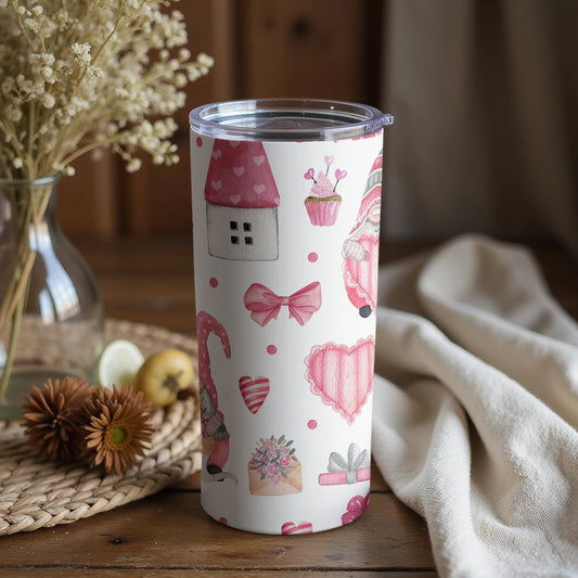 Cute Pink Gnomes and Hearts Themed Tumbler