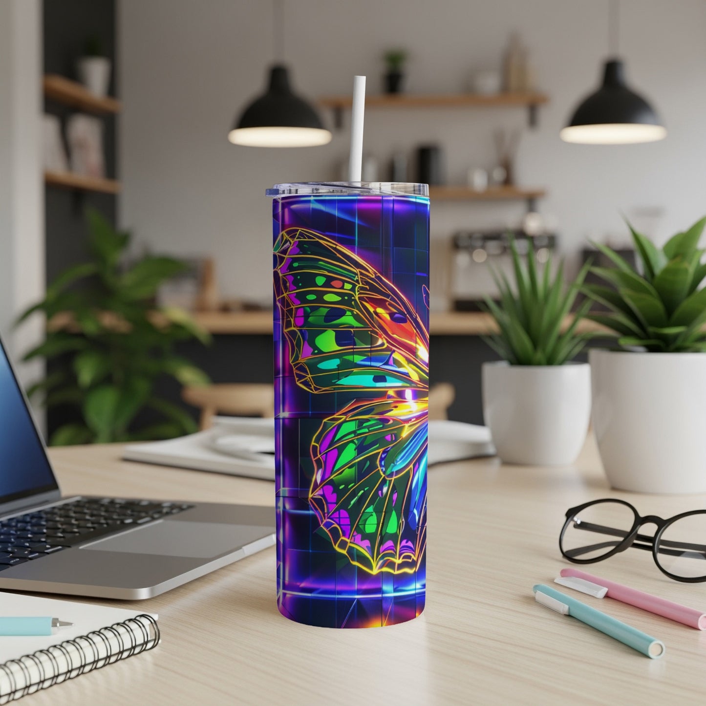 Neon butterfly design on a purple grid background on a tumbler.