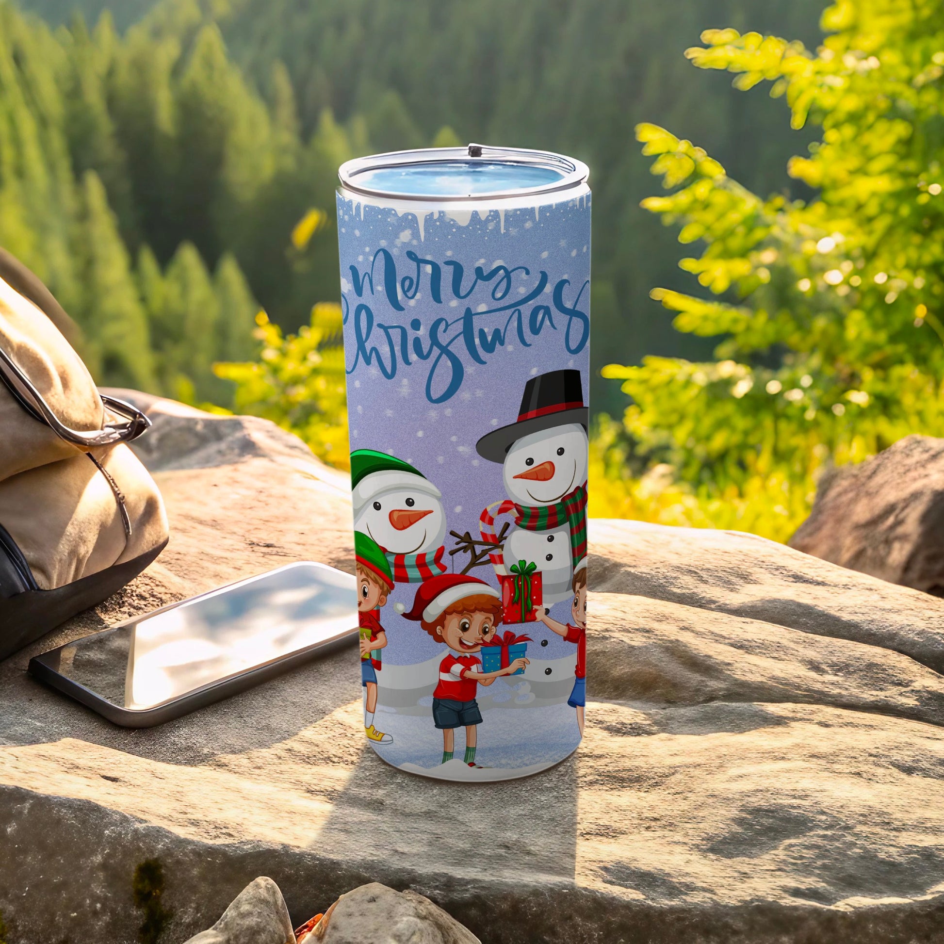Merry Christmas Tumbler with Snowmen and Kids Design