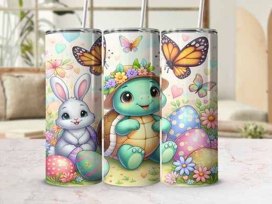 Easter bunny, turtle with hat, butterflies, and colorful eggs on a tumbler.