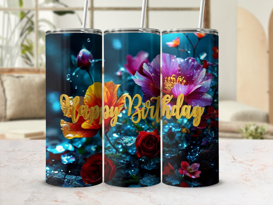 Three tumblers with a glowing "Happy Birthday" script and floral design.