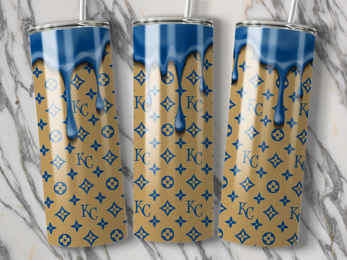KC Letters Blue Dripping Paint on Brown Monogram Tumblers