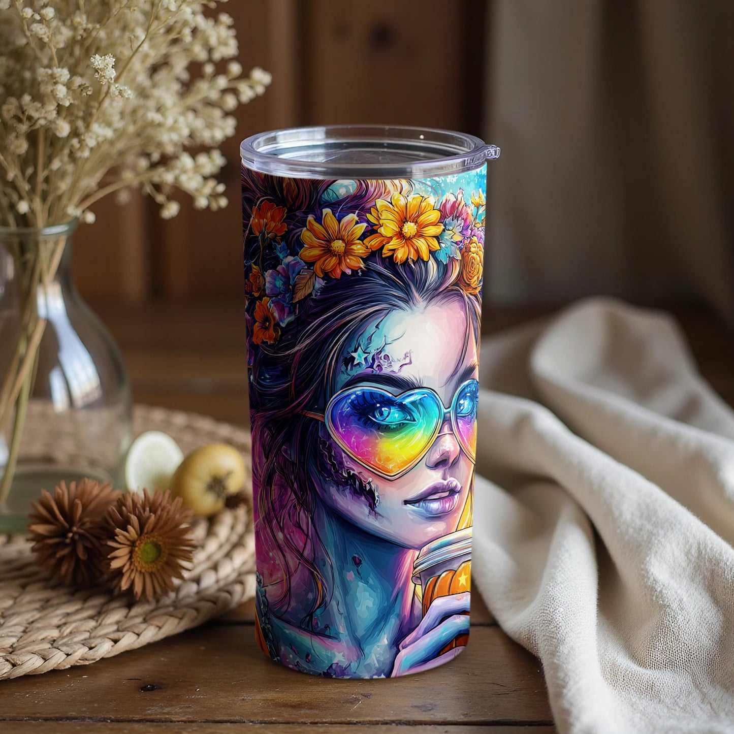 Colorful Girl Portrait with Sunglasses Tumbler