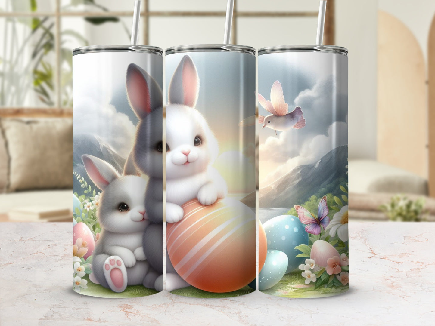 Easter-themed tumblers featuring bunnies, eggs, and a bird against a scenic background.