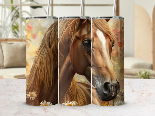 Horse portrait with floral accents on a tumbler.