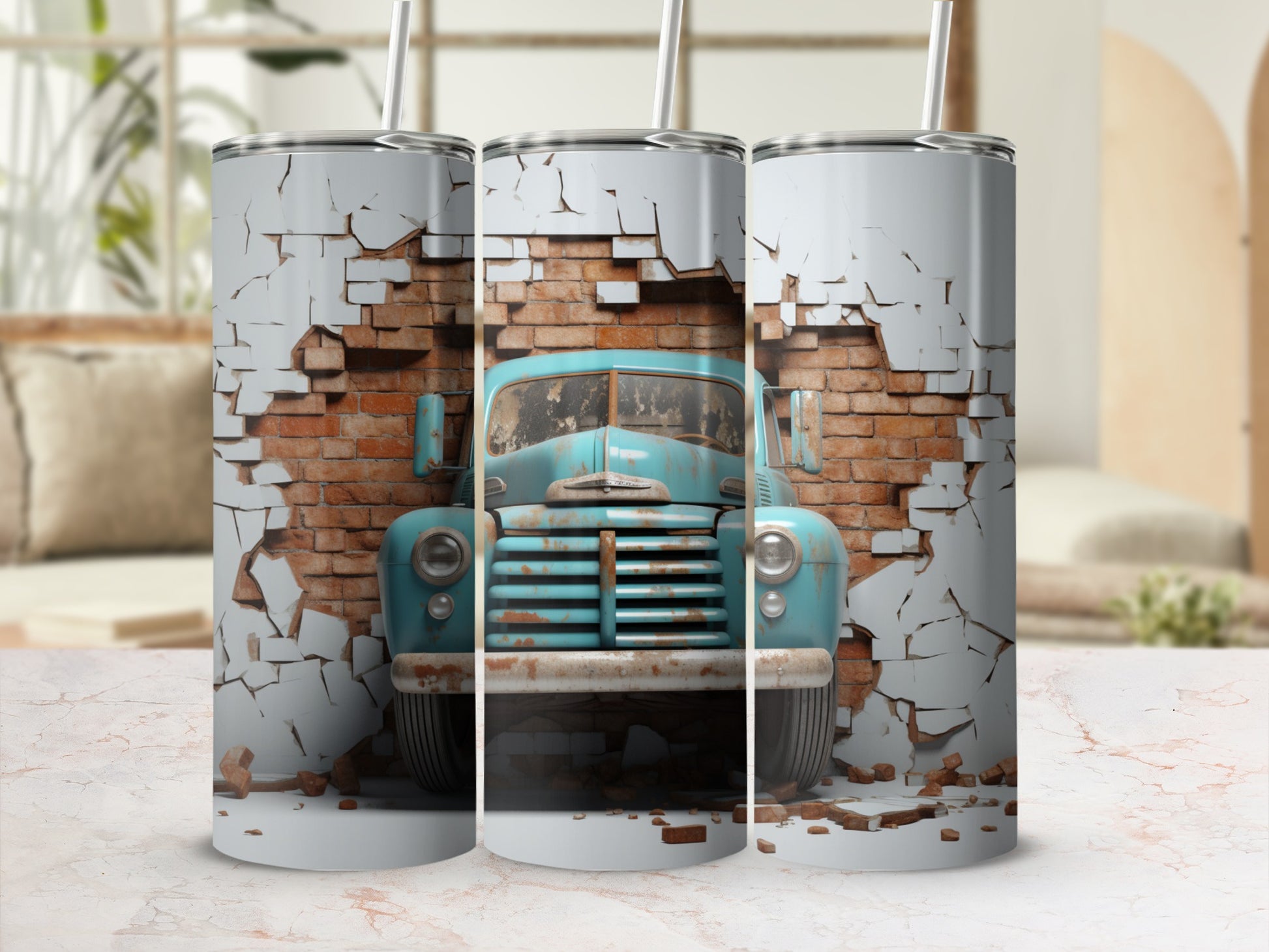 Vintage Truck Breaking Through Wall Tumbler Cup
