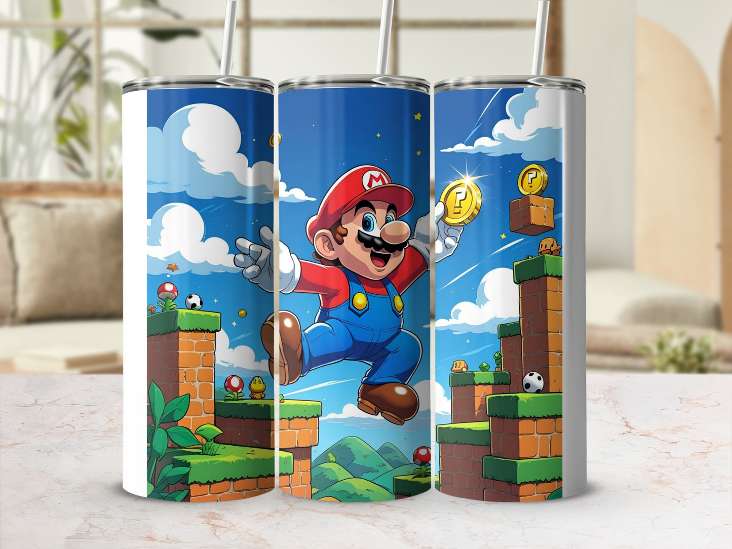 Mario jumping and collecting coins with Goombas and blocks on green hills.