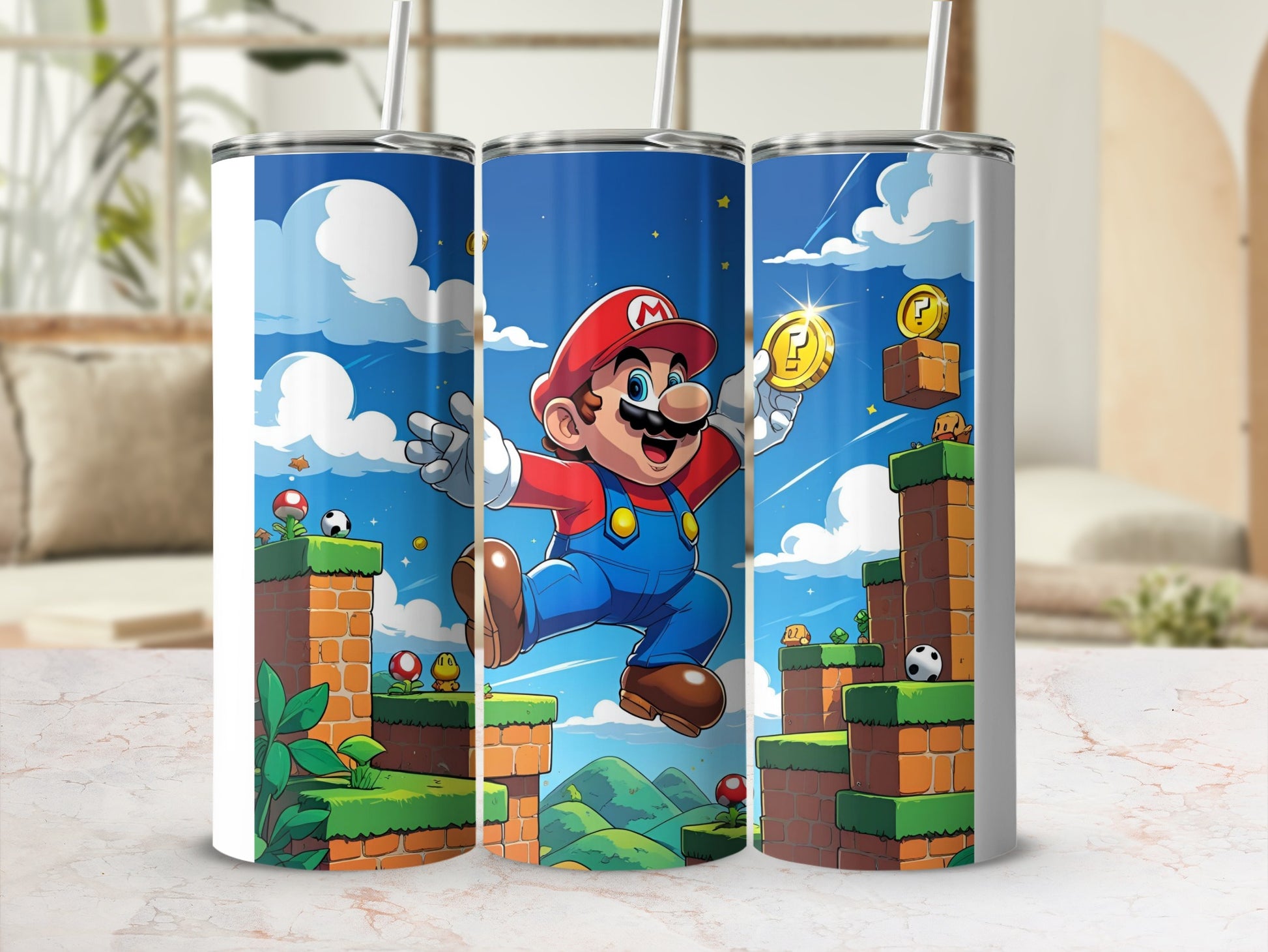 Mario jumping and collecting coins with Goombas and blocks on green hills.