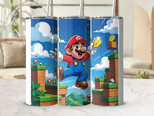 Mario jumping and collecting coins with Goombas and blocks on green hills.