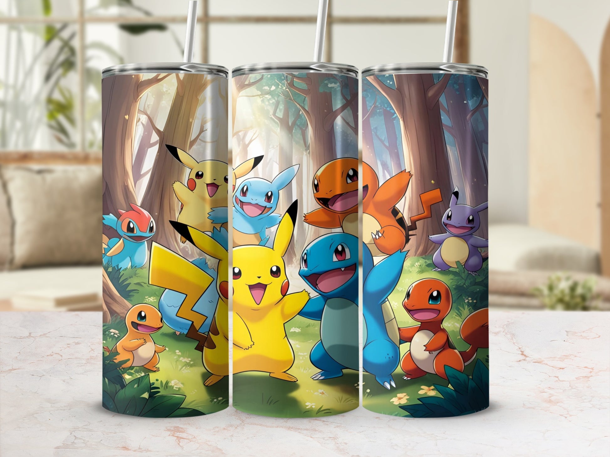 Pikachu, Charmander, Squirtle, and other Pokémon in a forest setting.