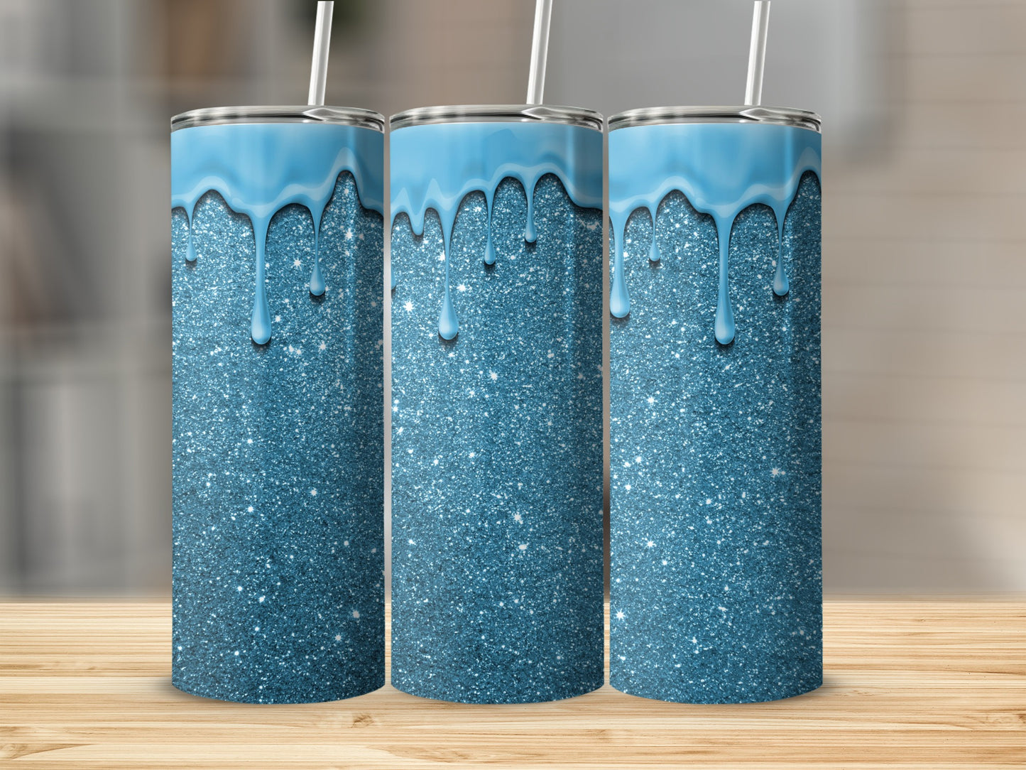 Glittering Blue Tumbler with Creative Drip Design
