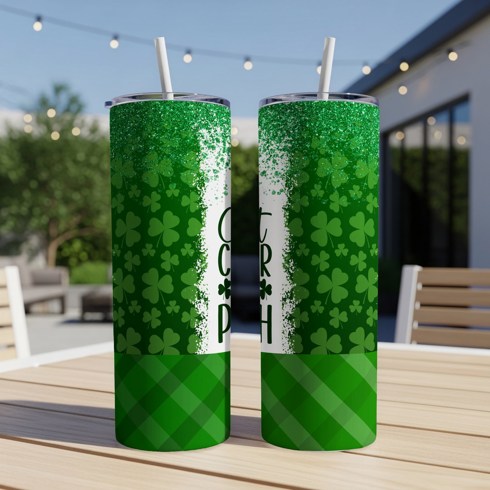 Green shamrock and glitter pattern tumbler with "Get Your Irish" text.