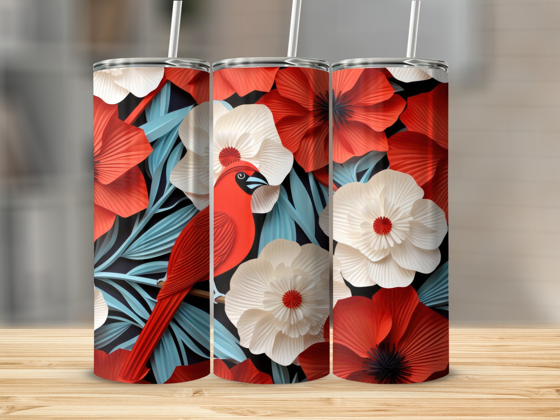 Vibrant floral and cardinal bird themed tumbler product