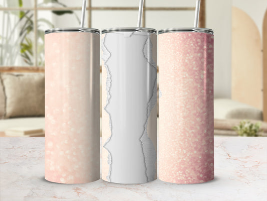 Three rose gold glitter tumblers with ripped paper design.