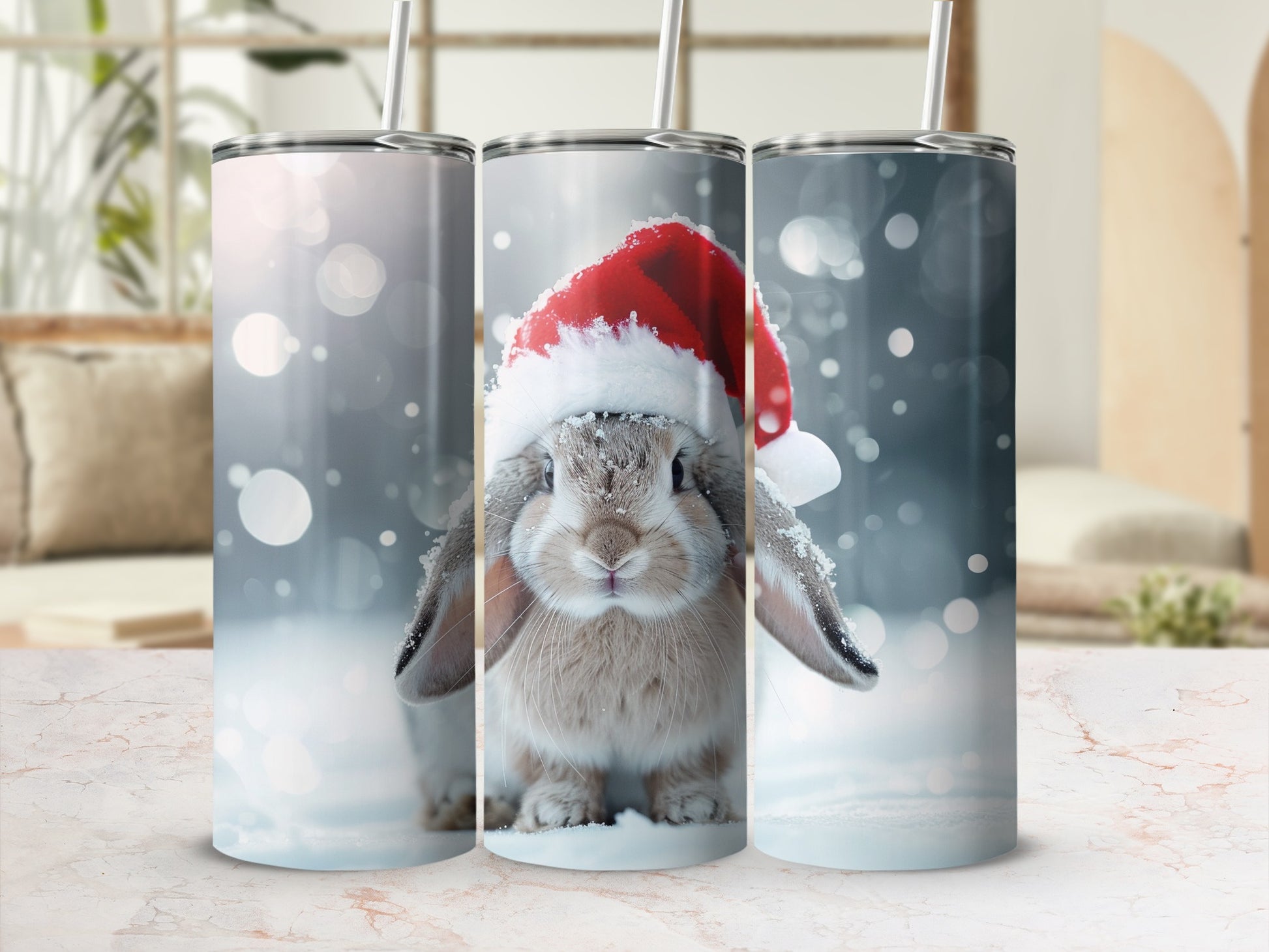 Adorable Rabbit in Santa Hat Holiday Tumbler Cups