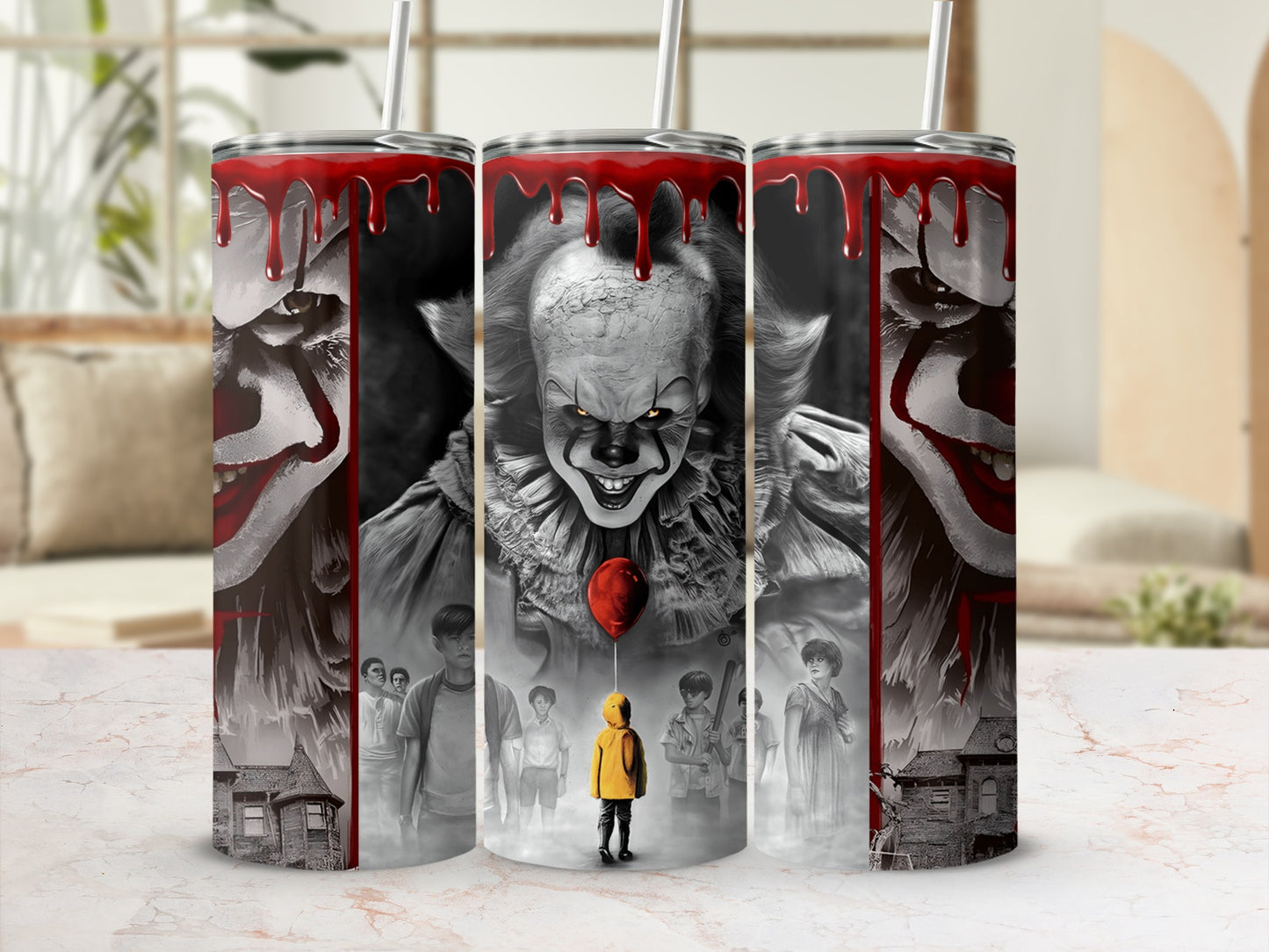 Pennywise the clown with red balloons and children, printed on a tumbler.