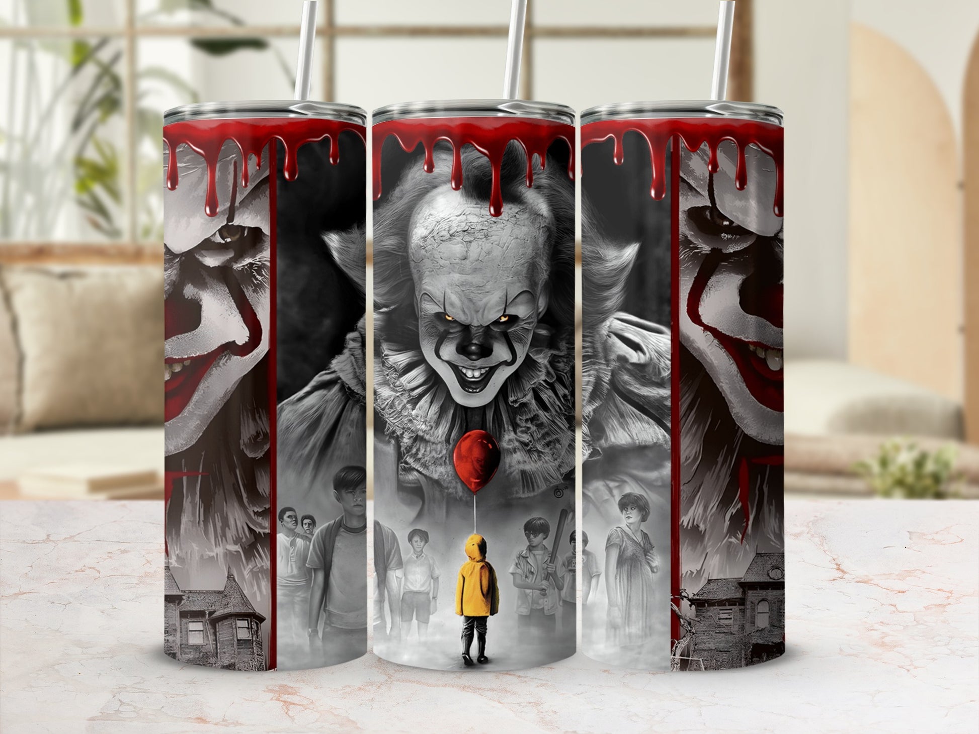 Pennywise the clown with red balloons and children, printed on a tumbler.