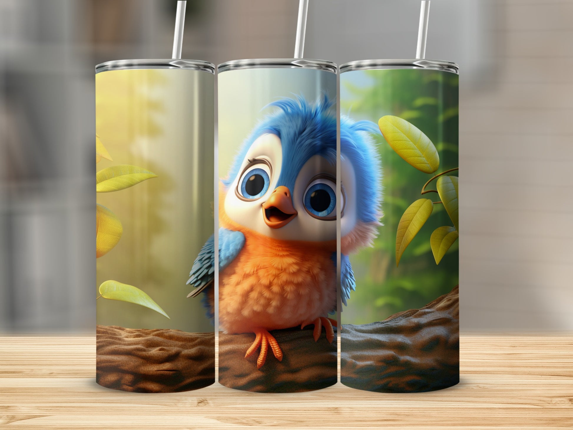 Cute Baby Bird with Green Leaves Tumbler Product