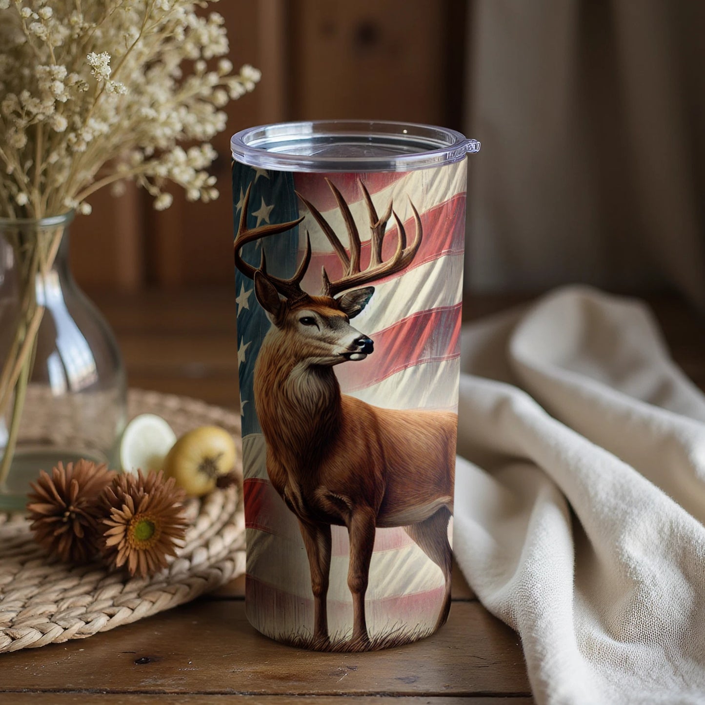 Patriotic Deer Against American Flag Art Tumbler