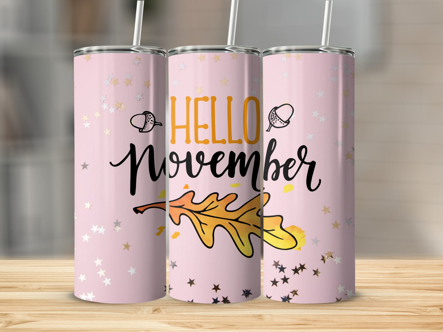 Hello November Decorated Tumbler with Autumn Leaf Design