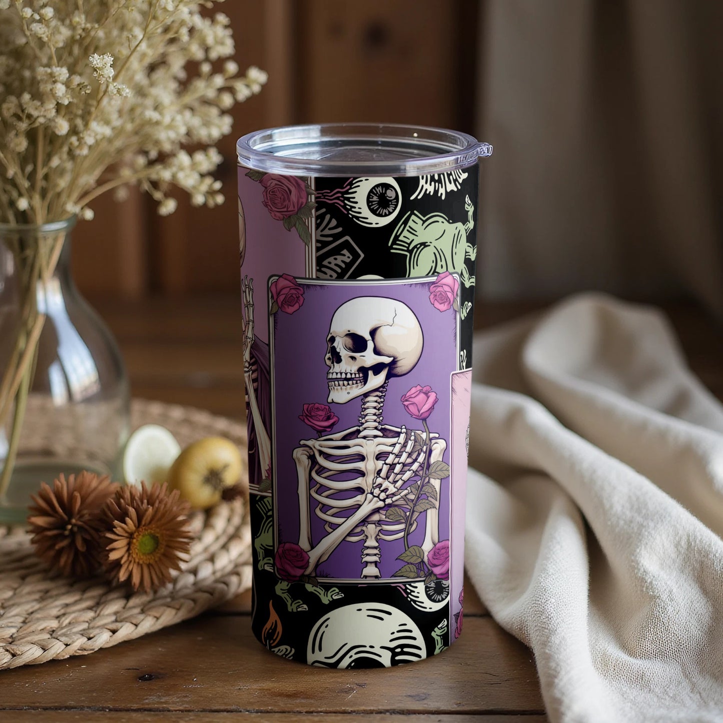 Skeleton Design Tumbler Featuring Roses and Skeleton