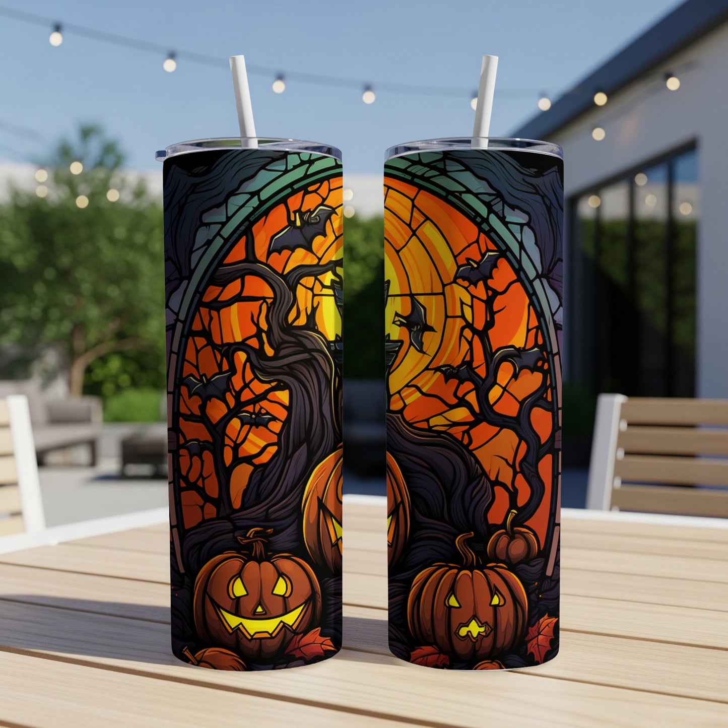 Two Halloween-themed tumblers with jack-o'-lanterns, bats, and trees against an orange stained-glass background.