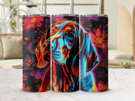 Tumbler with colorful dog portrait and floral background.
