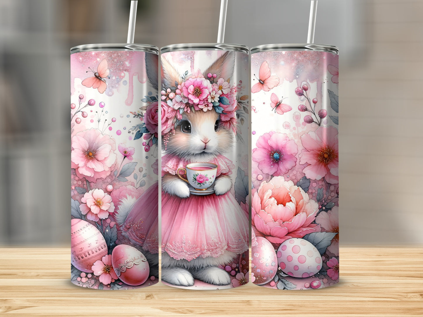Easter bunny in a floral dress holding a teacup, surrounded by flowers and eggs.