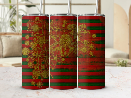 Green and red striped tumbler with gold floral embellishments.