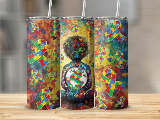 Tumbler with colorful puzzle pieces and "In a world where you can be anything, be kind" text.