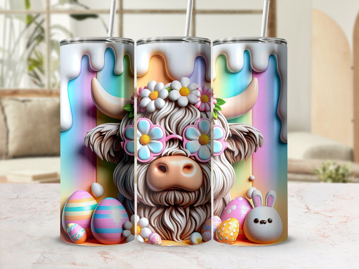 Highland cow wearing floral sunglasses with Easter eggs.
