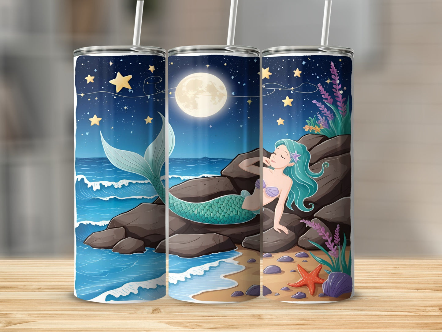 Mermaid resting on a rock at night under a full moon and starry sky.