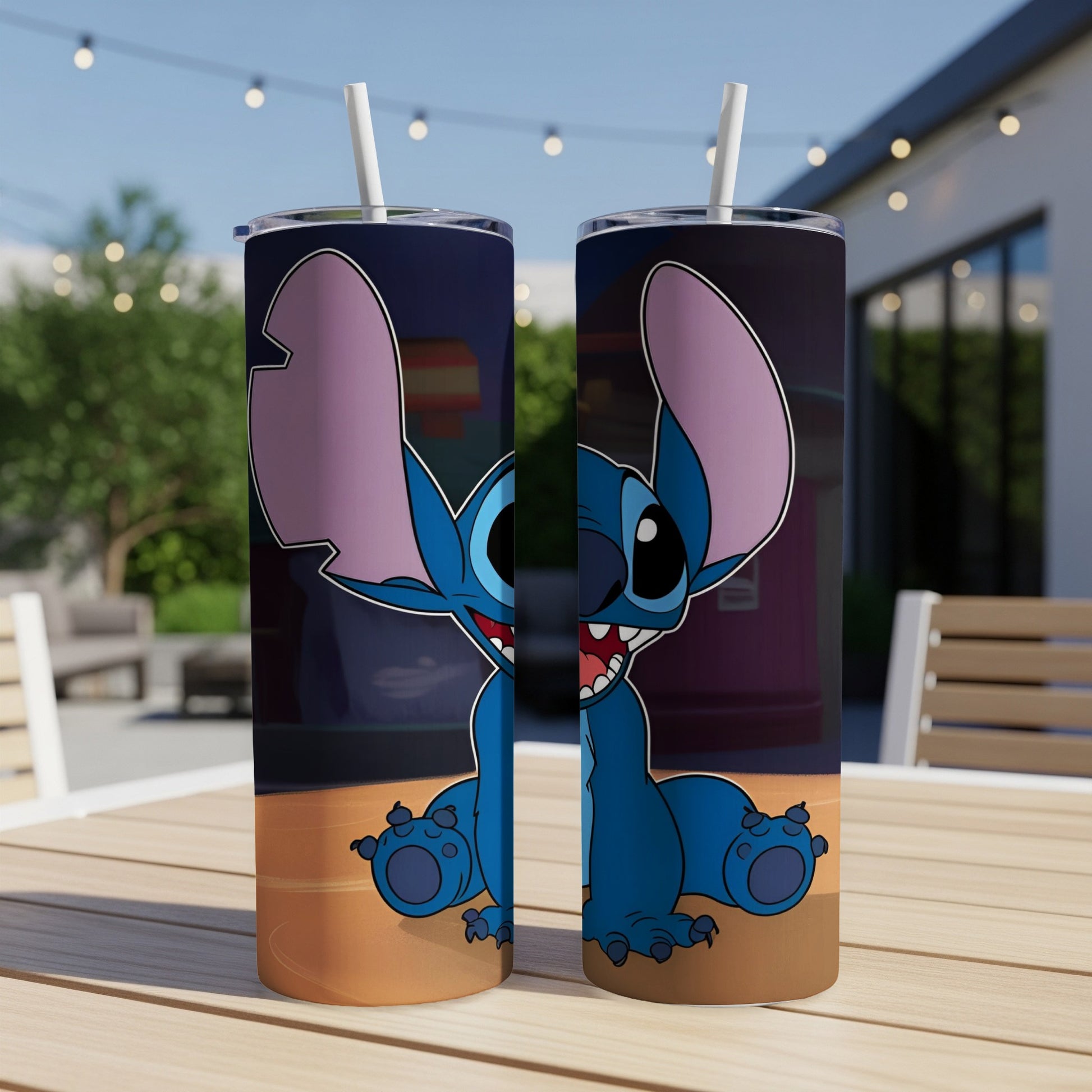 Two tumblers with Stitch from Lilo & Stitch on a table.