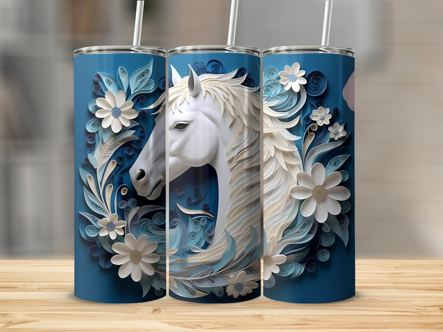 Elegant Horse Design Blue Tumbler with Straw